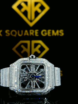 Cartier Santos Openwork Skeleton Dial Fully Iced Out Moissanite Watch