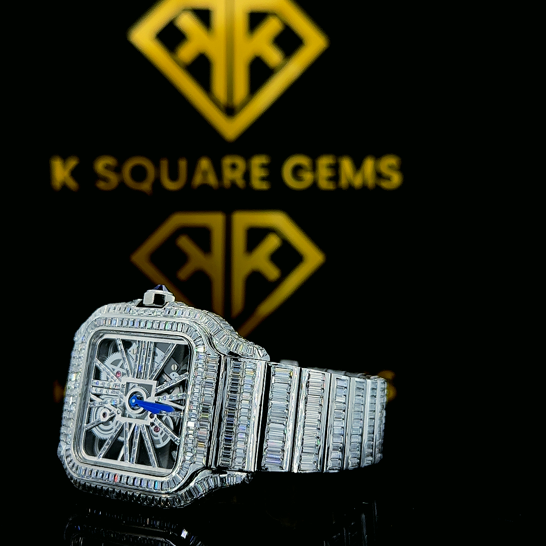 Cartier Santos Skeleton Iced Out Moissanite Diamond Watch Left Side Dial View