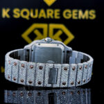 Cartier Two Tone Rose Gold Moissanite Diamond Watch with Roman Dial Back View Showing Iced-Out Bracelet and Rose Gold Accents