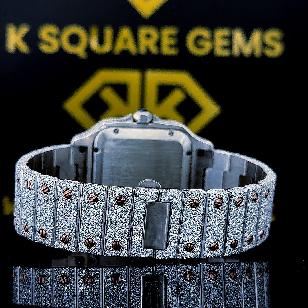 Cartier Two Tone Rose Gold Moissanite Diamond Watch with Roman Dial Back View Showing Iced-Out Bracelet and Rose Gold Accents