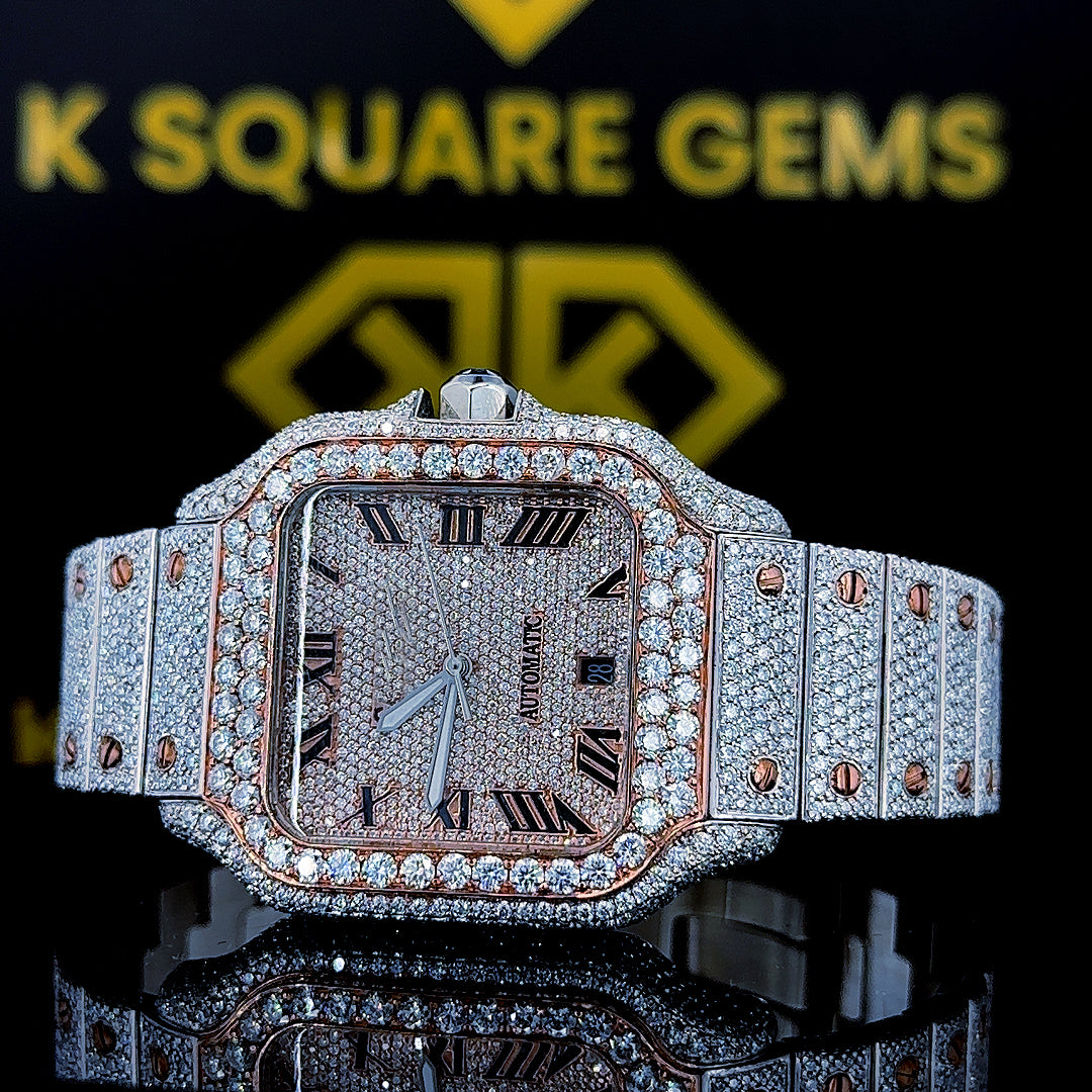 Cartier Two Tone Rose Gold Moissanite Diamond Watch with Roman Dial Close up Dial View