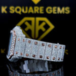 Cartier Two Tone Rose Gold Moissanite Diamond Watch with Roman Dial Close up Left Side Diamond Studded with Rose Gold Screw Strap View