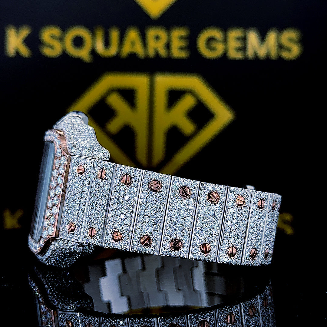 Cartier Two Tone Rose Gold Moissanite Diamond Watch with Roman Dial Close up Left Side Diamond Studded with Rose Gold Screw Strap View