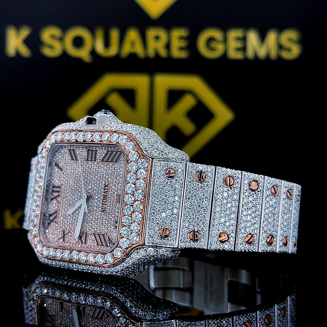 Cartier Two Tone Rose Gold Moissanite Diamond Watch with Roman Dial Close up Left Side Strap View