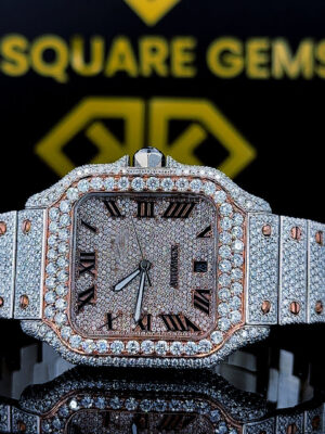 Cartier Santos Roman Numerals Pave Diamond Dial Rose Gold Two Tone Moissanite Watch