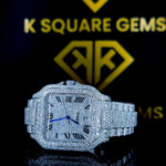 Close Up Front View of Fully Iced Out Cartier Roman Numeral Moissanite Watch