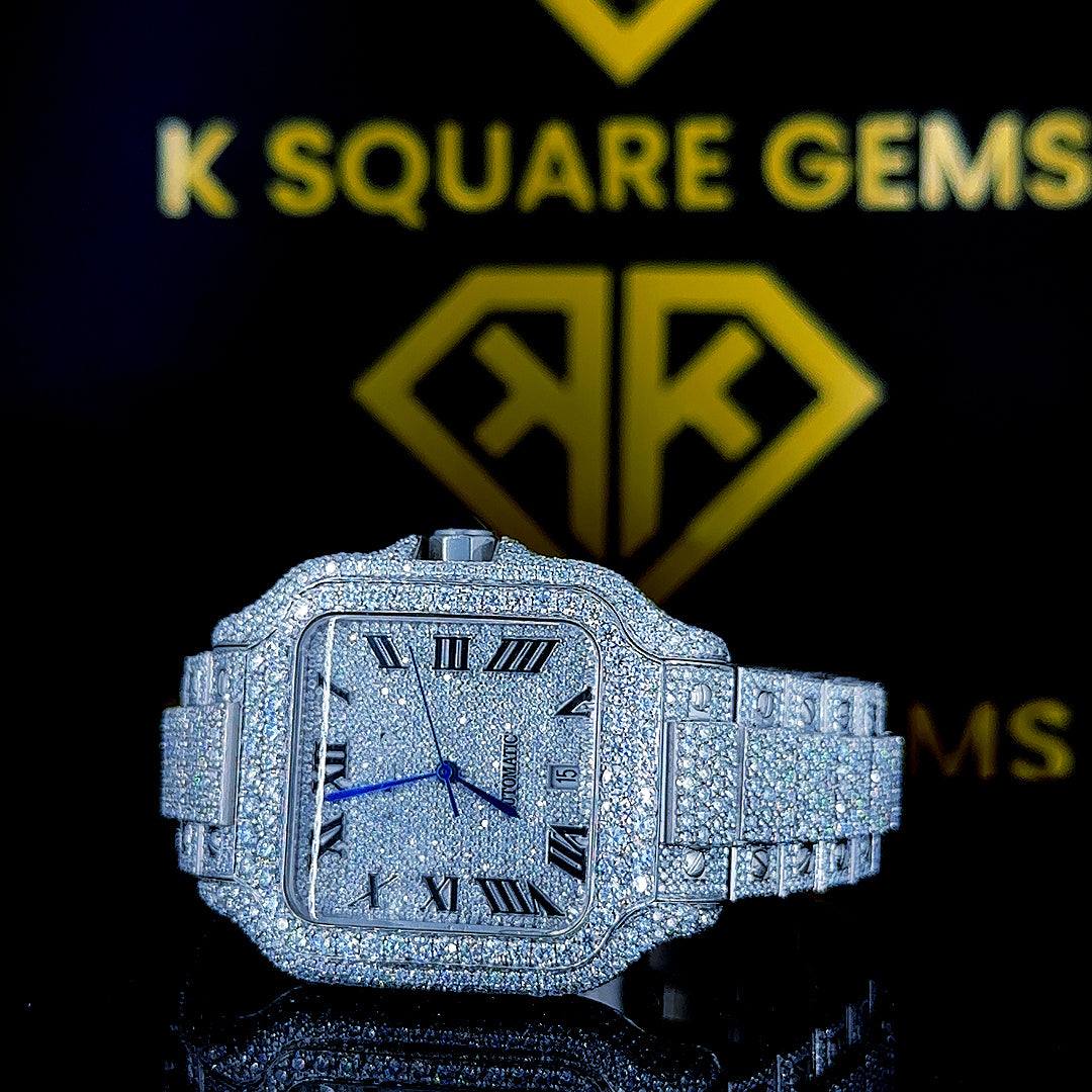 Close Up Front View of Fully Iced Out Cartier Roman Numeral Moissanite Watch