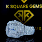 Close Up Left View of Fully Iced Out Cartier Roman Numeral Moissanite Watch