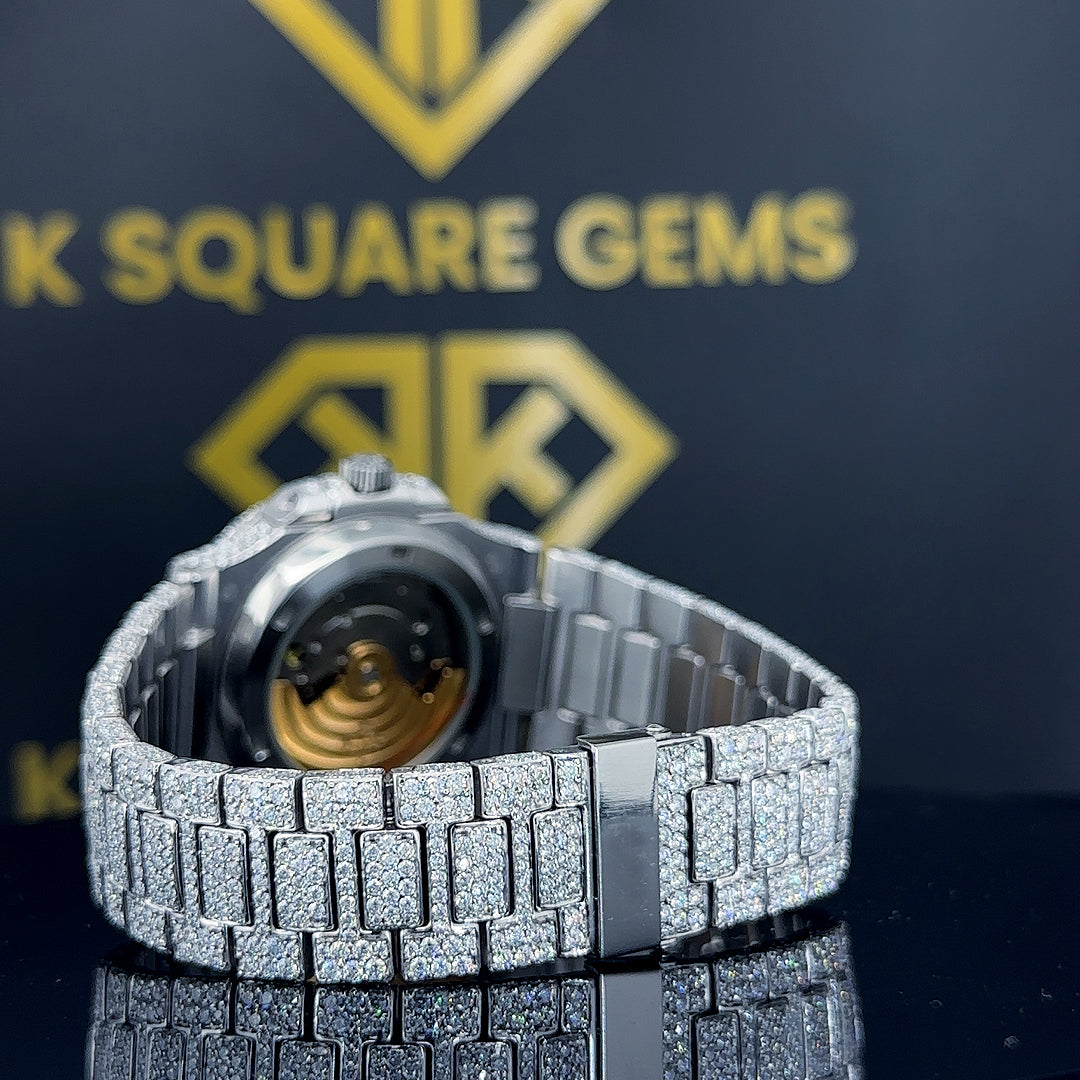 Patek Philippe Nautilus Stick Markers Pave Diamond Dial Fully Iced Out Moissanite Watch