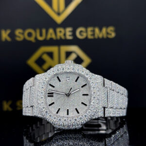 Patek Philippe Nautilus Stick Markers Pave Diamond Dial Fully Iced Out Moissanite Watch