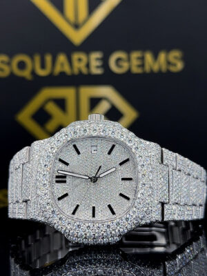 Patek Philippe Nautilus Stick Markers Pave Diamond Dial Fully Iced Out Moissanite Watch