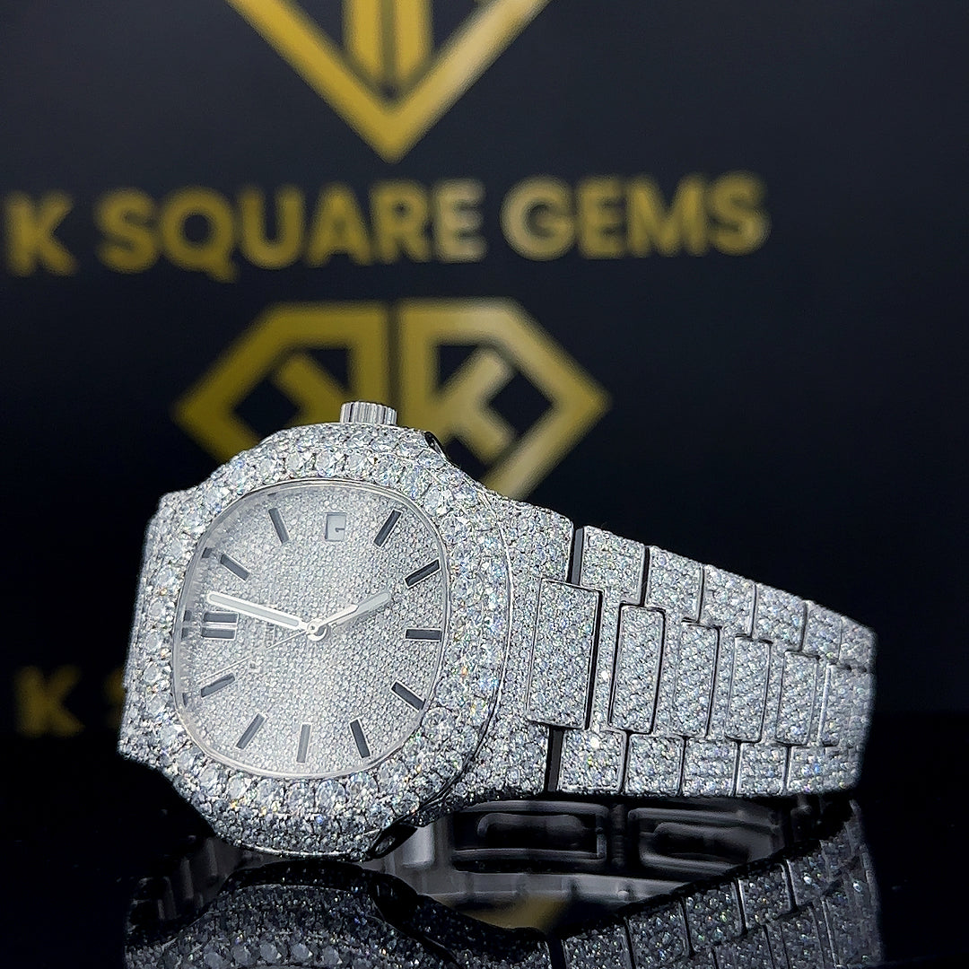 Patek Philippe Nautilus Stick Markers Pave Diamond Dial Fully Iced Out Moissanite Watch