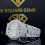 Close up side dial view of Custom Patek Style Bust Down Moissanite Diamond Watch