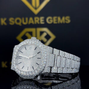 Close up side dial view of Custom Patek Style Bust Down Moissanite Diamond Watch
