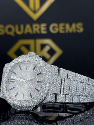 Close up side dial view of Custom Patek Style Bust Down Moissanite Diamond Watch