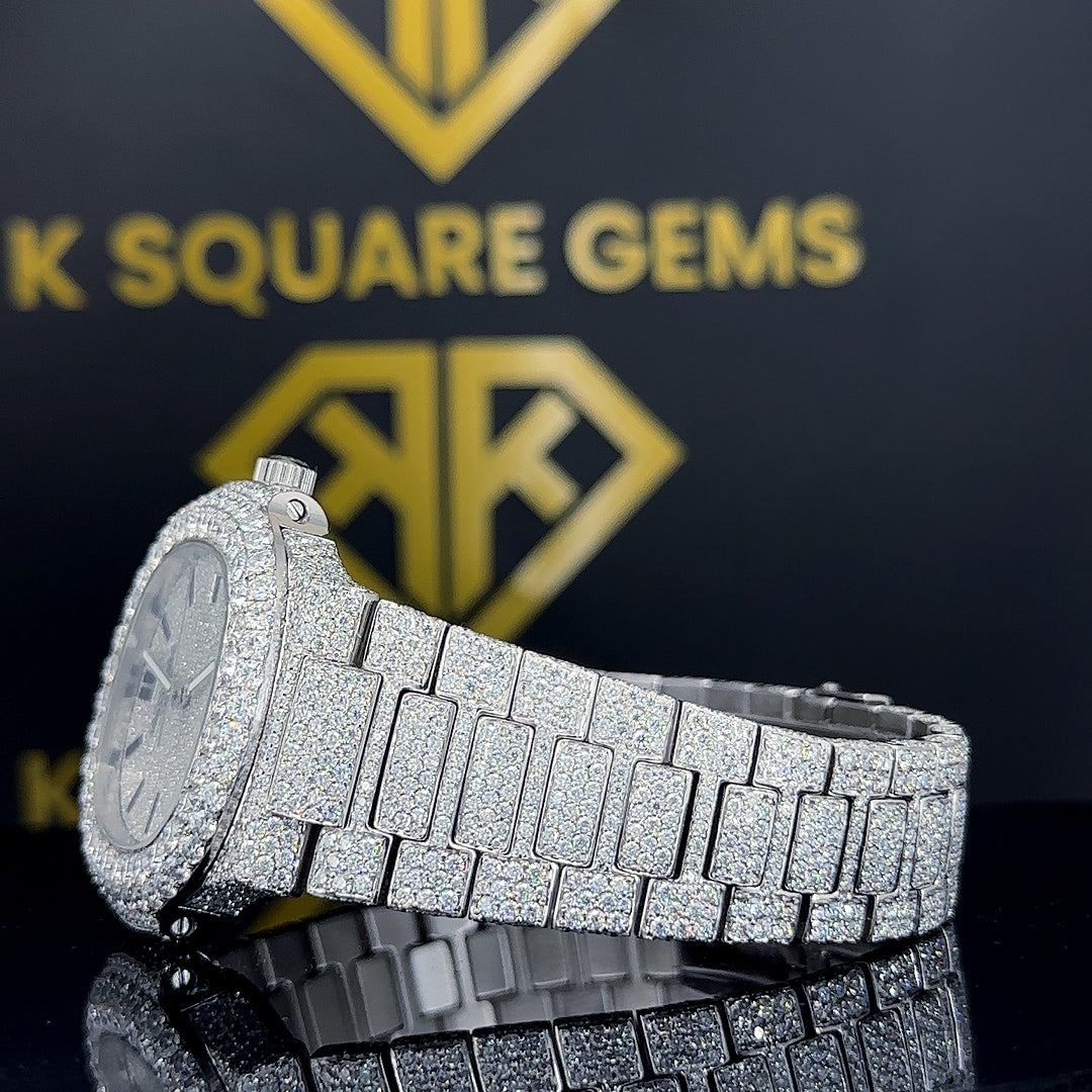 Side strap view of Custom Patek Style Bust Down Moissanite Diamond Watch