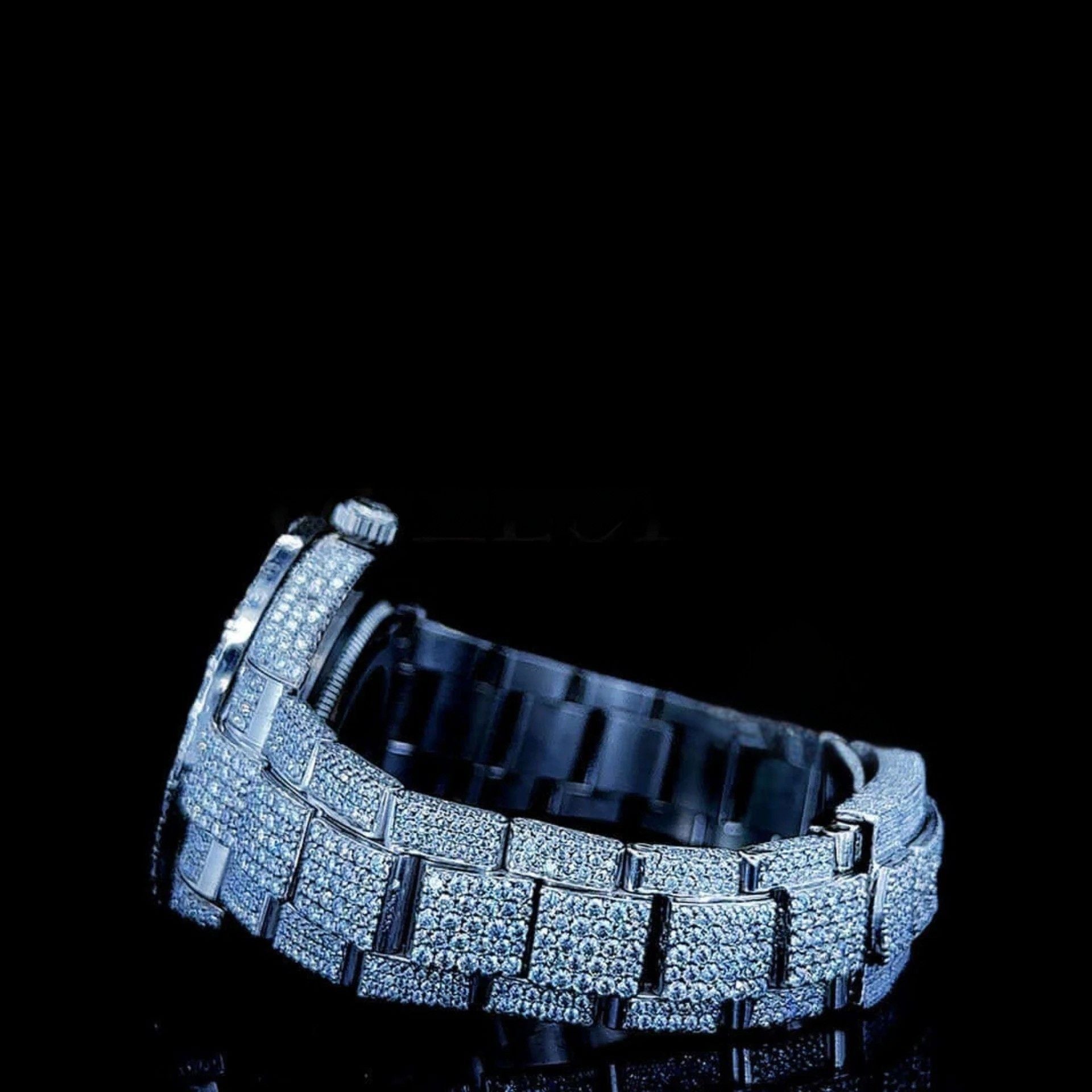 Datejust Rolex Full Iced Out Moissanite Diamond Watch Right Strap View