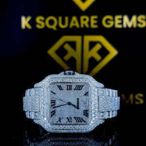 Front View of Fully Iced Out Cartier Roman Numeral Moissanite Watch