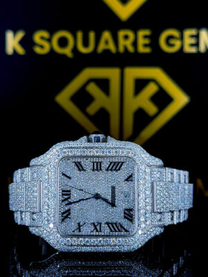 Cartier Santos Roman Numerals Pave Diamond Dial Fully Iced Out Moissanite Watch