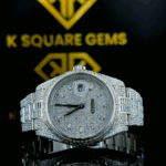 Close up front view of Fully Iced Out Rolex Day-Date Baguette Moissanite Diamond Watch