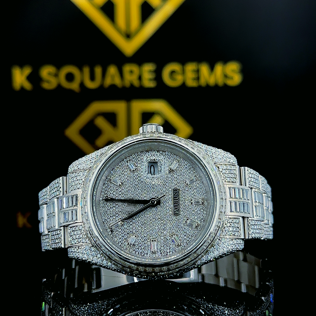 Close up front view of Fully Iced Out Rolex Day-Date Baguette Moissanite Diamond Watch