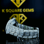Close up Left side strap view of Fully Iced Out Rolex Day-Date Baguette Moissanite Diamond Watch