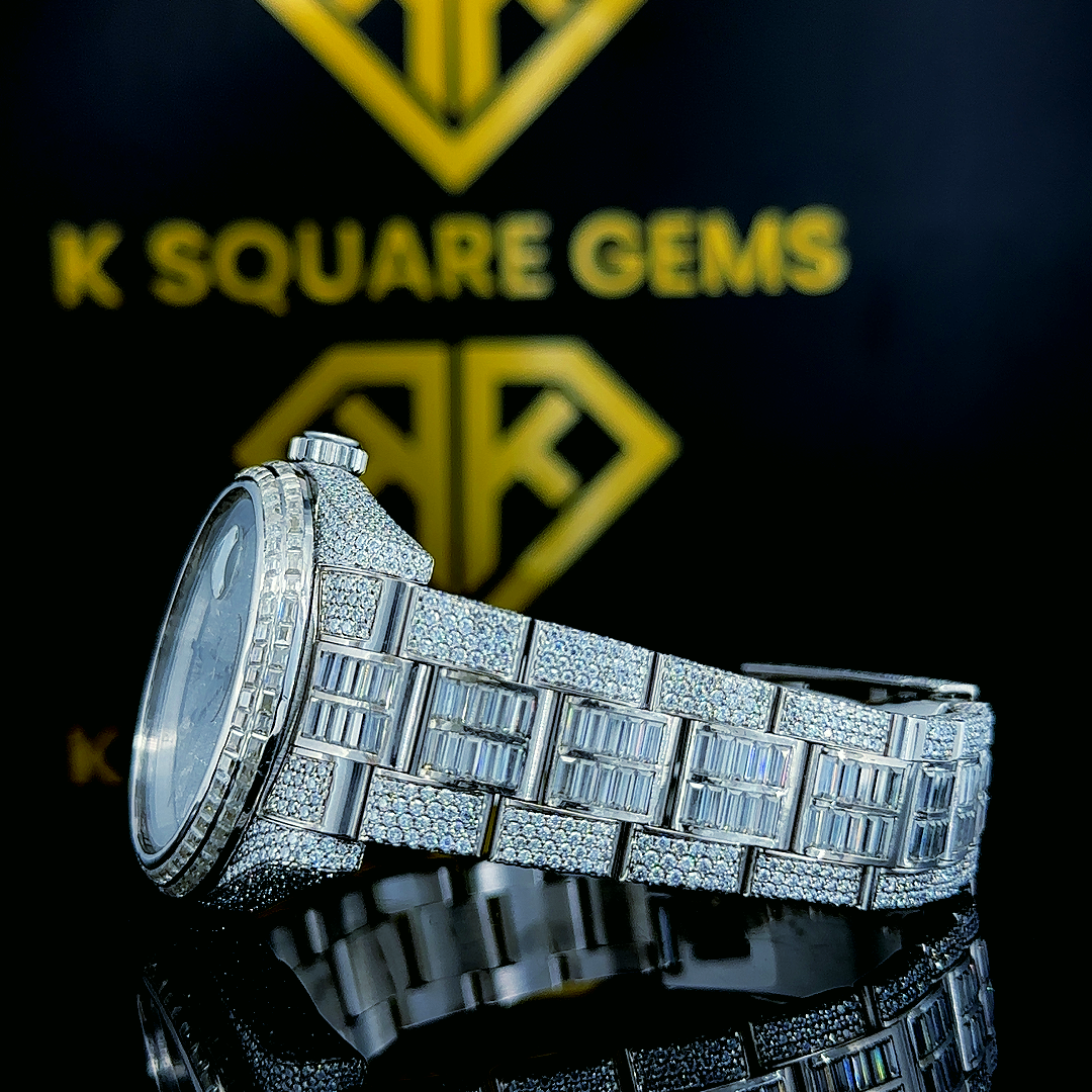 Left side strap view of Fully Iced Out Rolex Day-Date Baguette Moissanite Diamond Watch