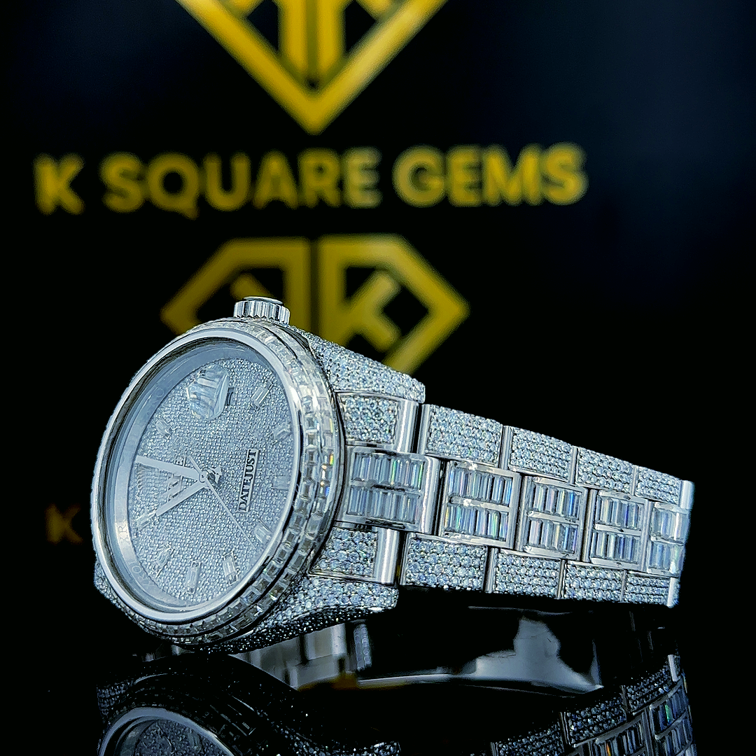 Left side view of Fully Iced Out Rolex Day-Date Baguette Moissanite Diamond Watch