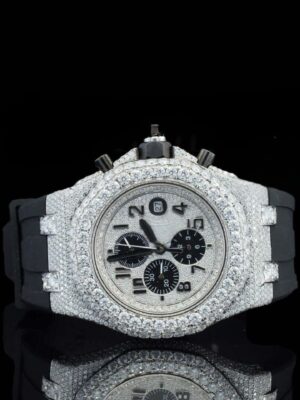 AP Royal Oak Chronograph Silver Dial Black Rubber Strap Moissanite Watch