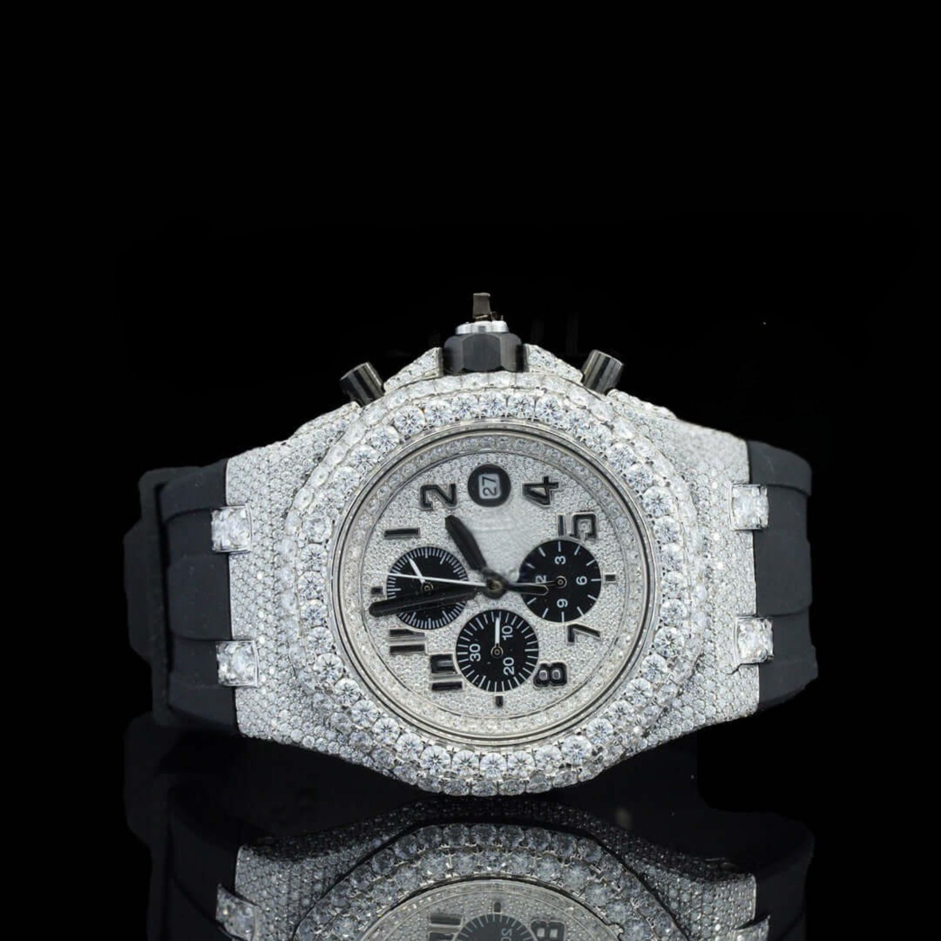 Iced Out AP Offshore Black Rubber Moissanite Diamond Watch Front Close View