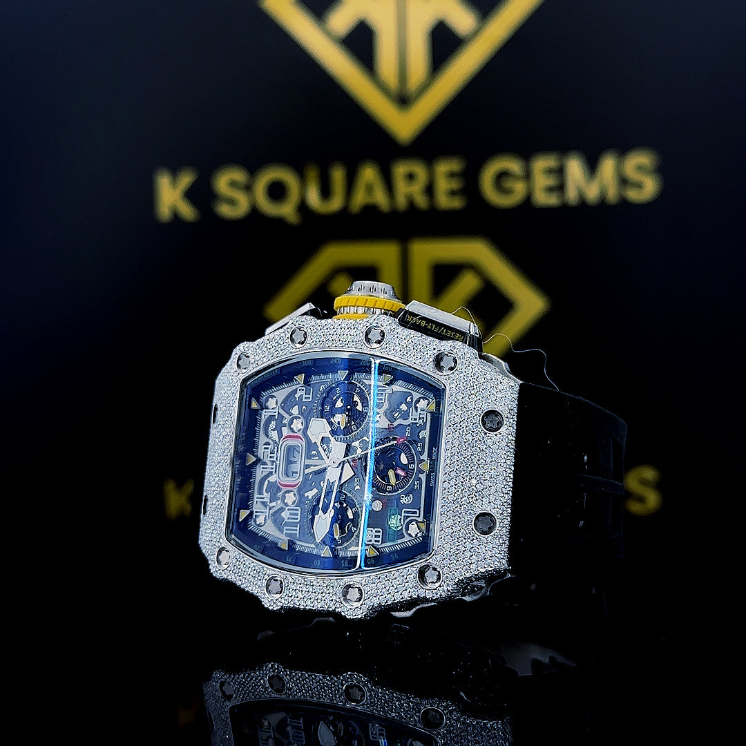 Iced Out Richard Mille Black Strap Moissanite Diamond Watch Left View