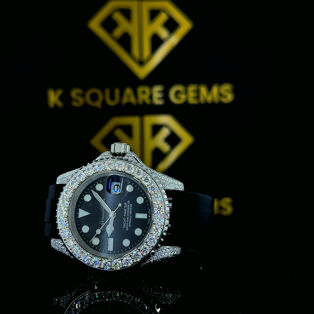 Close up left side view Iced Out Rolex Yacht-Master Black Rubber Belt Moissanite Diamond Watch