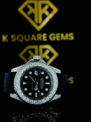 Rolex Submariner Round Markers Black Dial Black Rubber Strap Moissanite Watch
