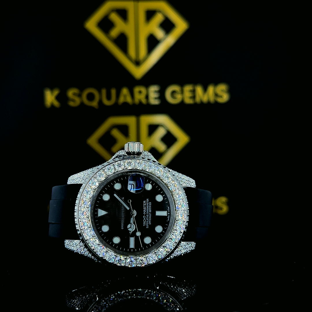 Front view of Iced Out Rolex Yacht-Master Black Rubber Belt Moissanite Diamond Watch