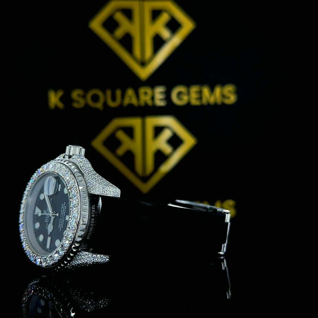 Rolex Submariner Round Markers Black Dial Black Rubber Strap Moissanite Watch