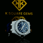 Iced Out Rubber Strap Royal Oak Moissanite Diamond Watch Front Side Cross Close Up View