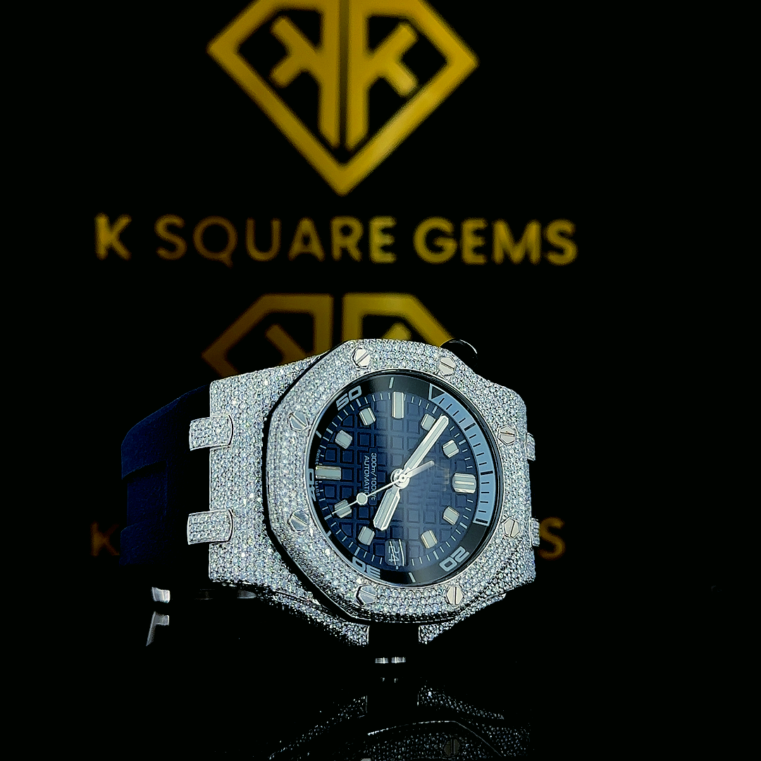 Iced Out Rubber Strap Royal Oak Moissanite Diamond Watch Front Side Cross Close Up View
