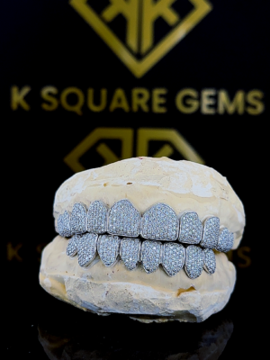 Custom 925 Sterling Silver Hip Hop Fine Piercing Jewelry featuring 6 VVS1 Clarity Cut Diamonds and Fully Iced Moissanite Grillz.