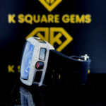 Left side black strap view of Jacob & Co Blue Skeleton Tonneau Moissanite Diamond Watch