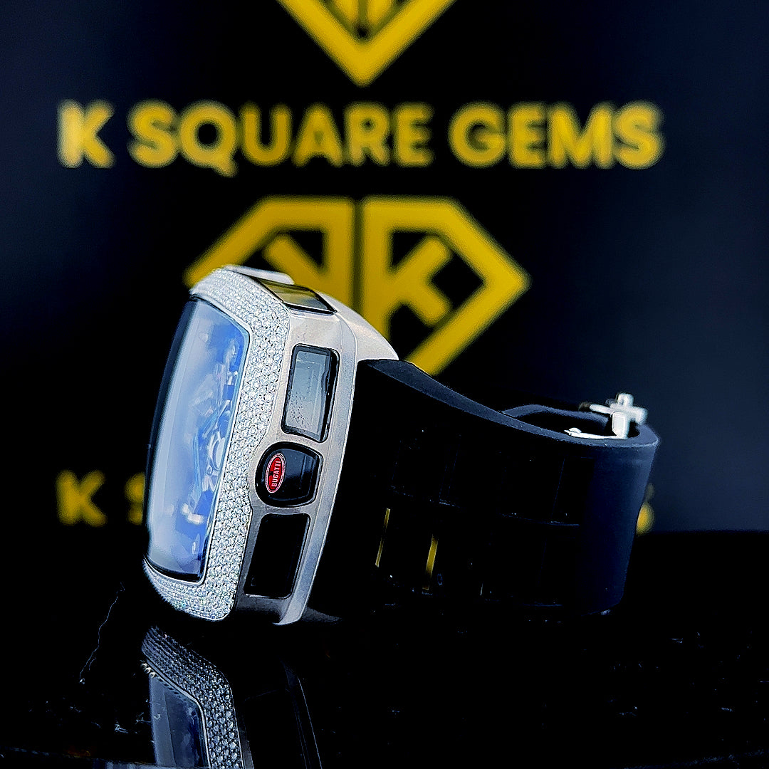 Left side black strap view of Jacob & Co Blue Skeleton Tonneau Moissanite Diamond Watch