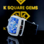 Left side view of Jacob & Co Blue Skeleton Tonneau Moissanite Diamond Watch