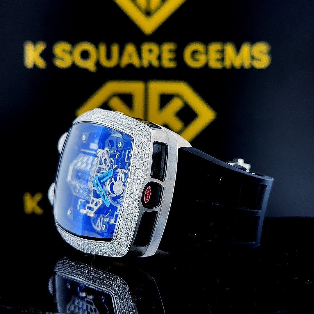 Left side view of Jacob & Co Blue Skeleton Tonneau Moissanite Diamond Watch