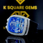 Slightly Left side view of Jacob & Co Blue Skeleton Tonneau Moissanite Diamond Watch