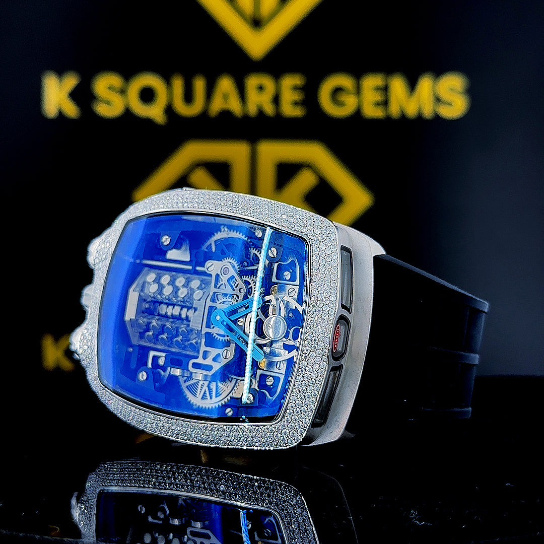 Slightly Left side view of Jacob & Co Blue Skeleton Tonneau Moissanite Diamond Watch