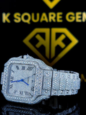 Left View of Fully Iced Out Cartier Roman Numeral Moissanite Watch