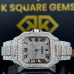 Moissanite Diamond Studded Santos Cartier Roman Numeral Watch Close Up Front View