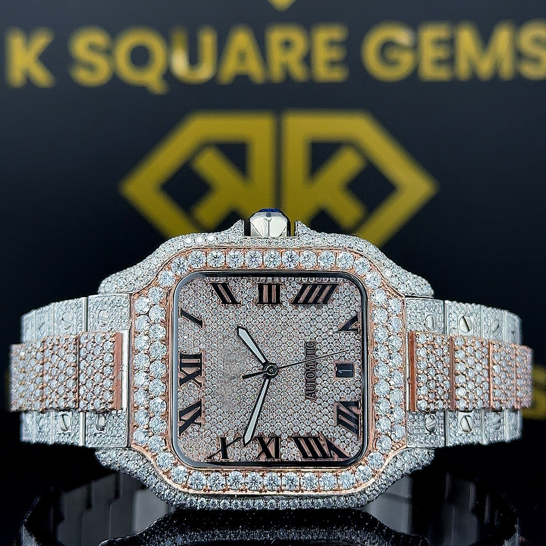 Moissanite Diamond Studded Santos Cartier Roman Numeral Watch Close Up Front View