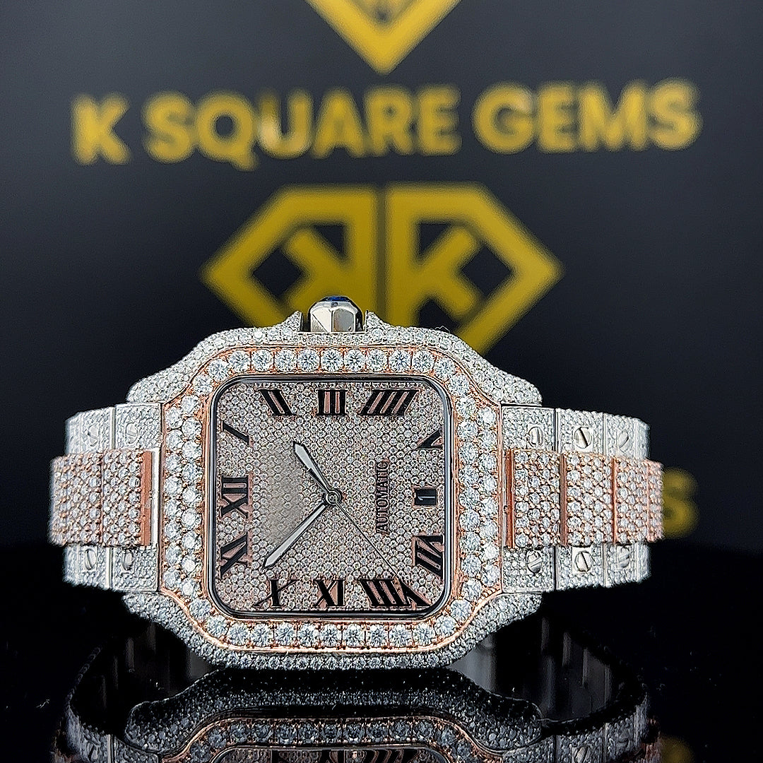 Moissanite Diamond Studded Santos Cartier Roman Numeral Watch Front View