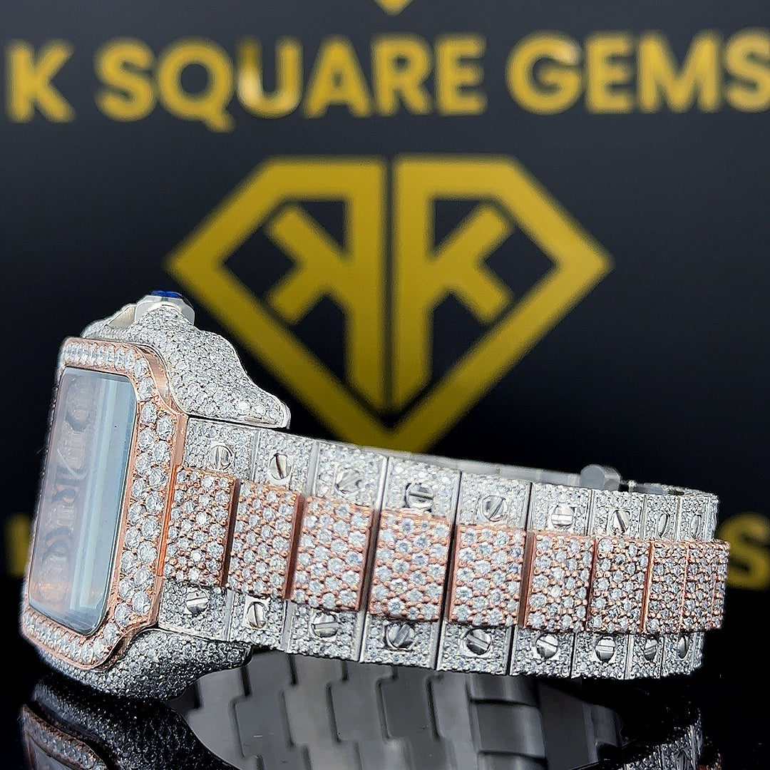 Moissanite Diamond Studded Santos Cartier Roman Numeral Watch Left Side Cross View