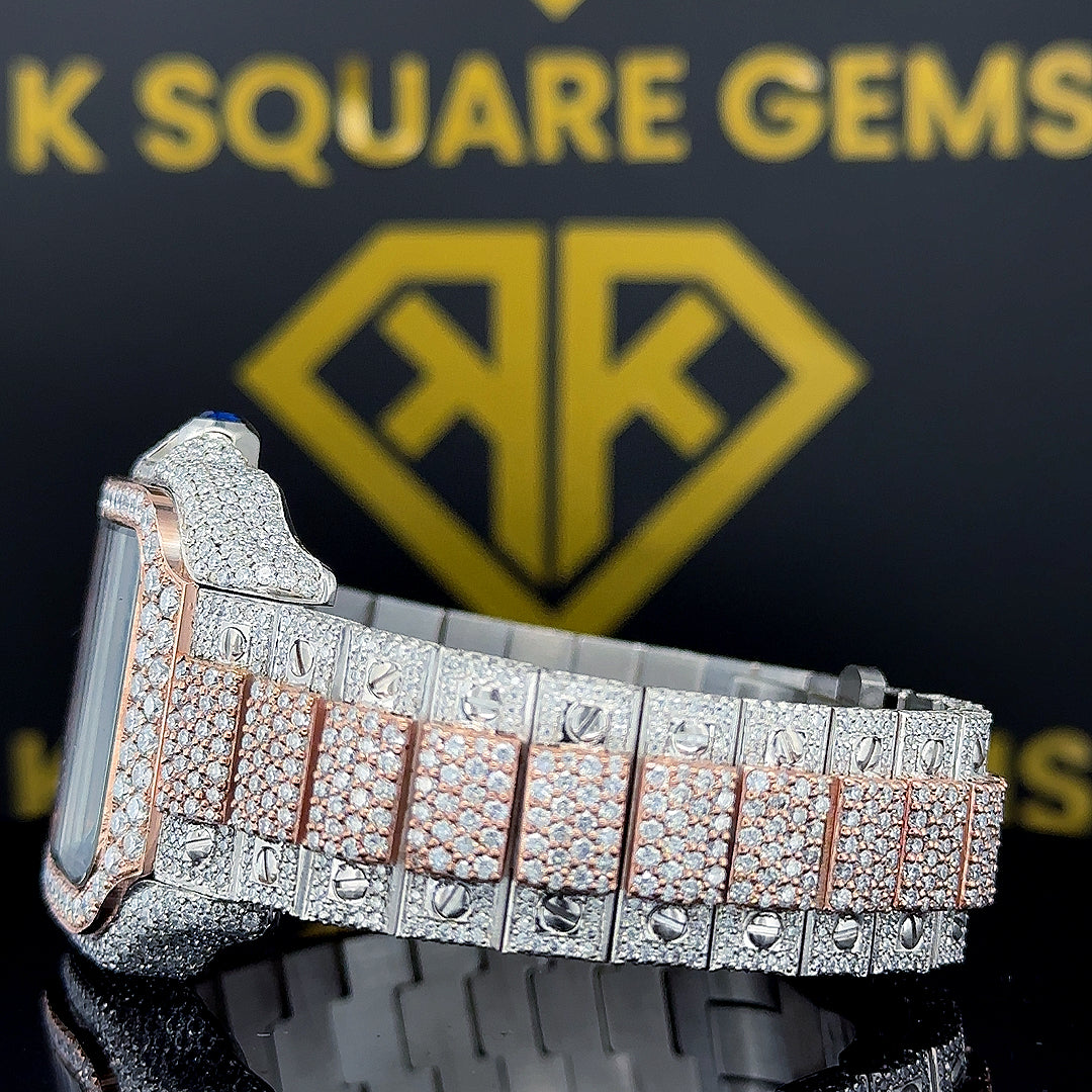 Moissanite Diamond Studded Santos Cartier Roman Numeral Watch Left Side View